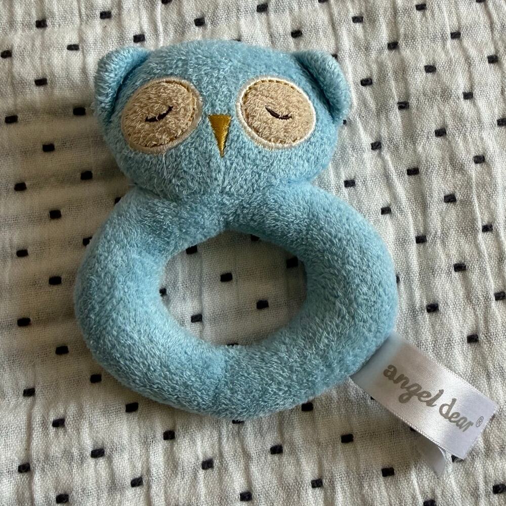 Angel Dear Rattle Lovey Toy Blue Owl Ring Teether Baby Plush